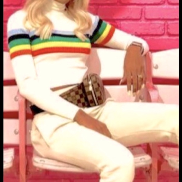 Stylish TurtleNeck Form Fitted Crop Rainbow Striped Rib Knit Long Sleeve Shirt - Picture 7 of 7